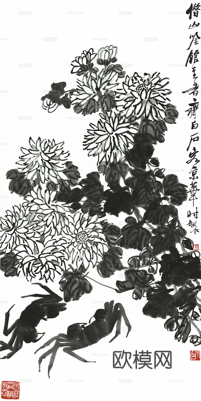 齐白石写意水墨画，近现代水墨画-墨菊螃蟹图 修 52x104