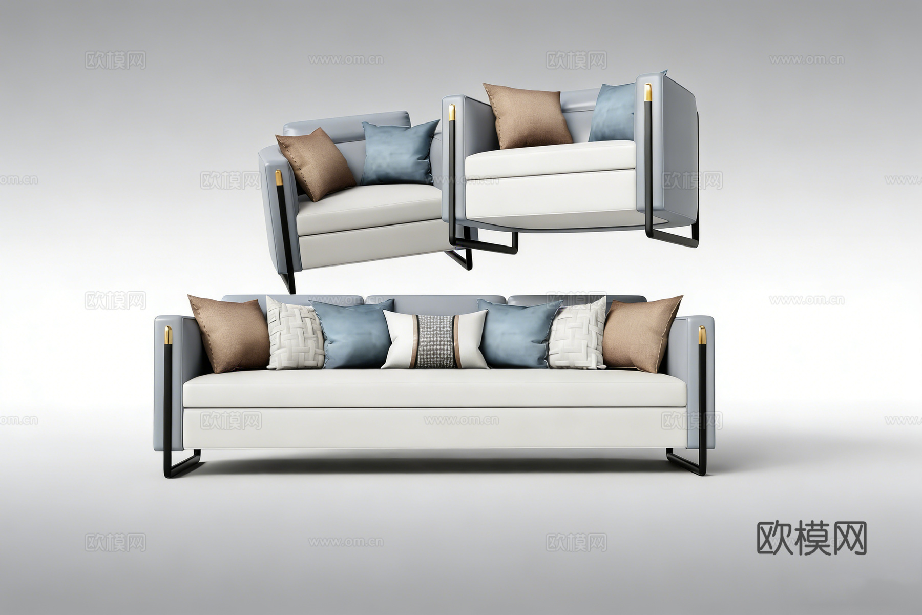 现代简约布艺沙发组合 三人位 休闲沙发 抱枕组 金属细腿su模型