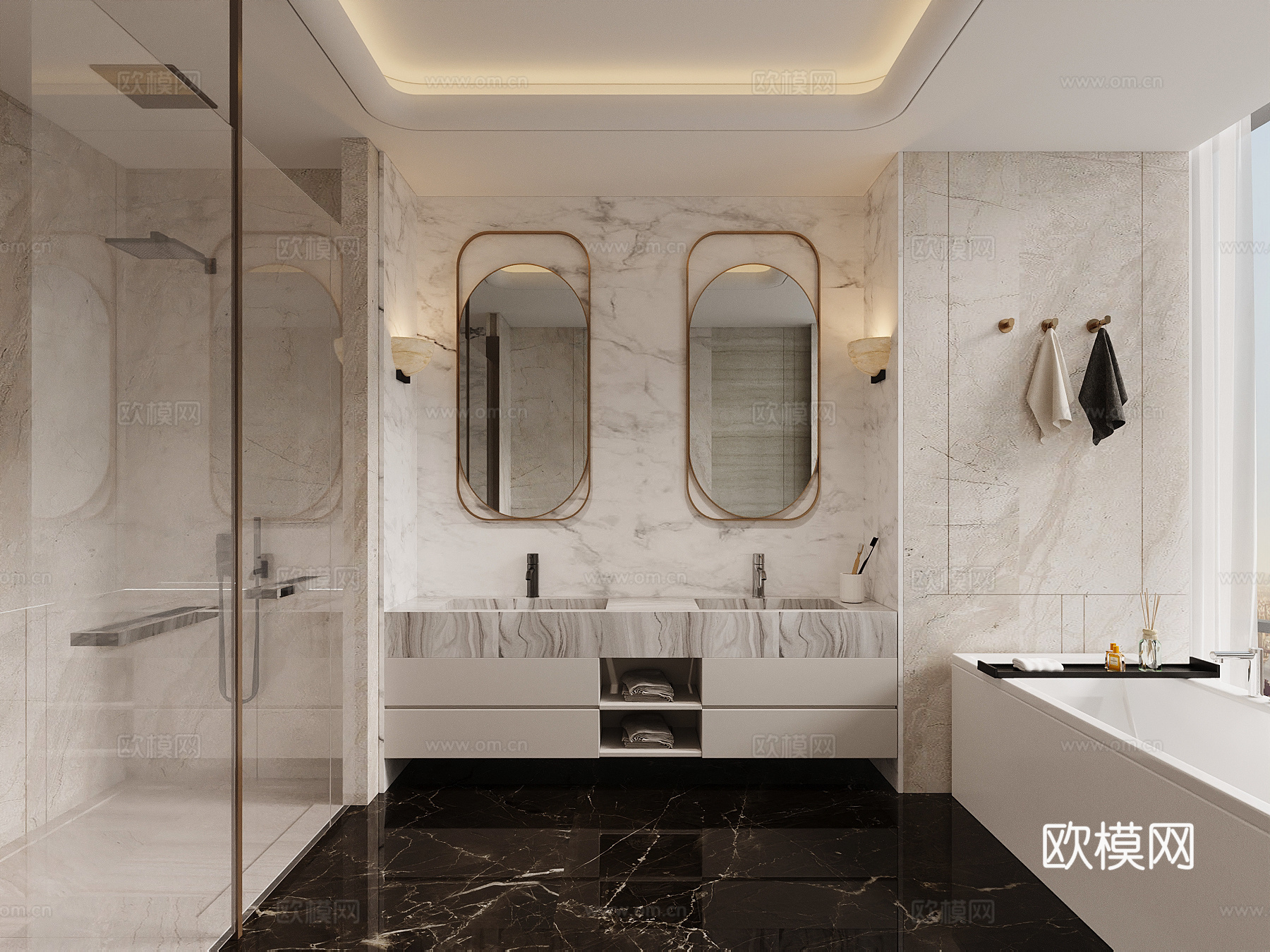 现代轻奢风卫生间 浴室柜 浴缸su模型