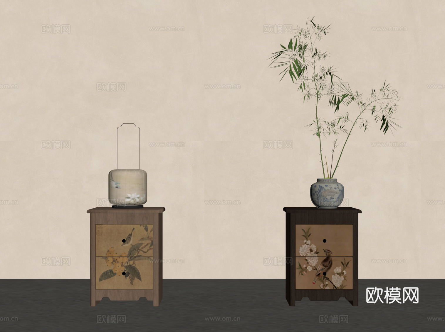 新中式床头柜 边柜 矮柜su模型