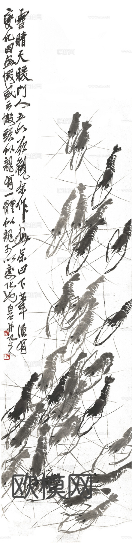 齐白石写意水墨画，近现代水墨画-群虾图 修 34x138