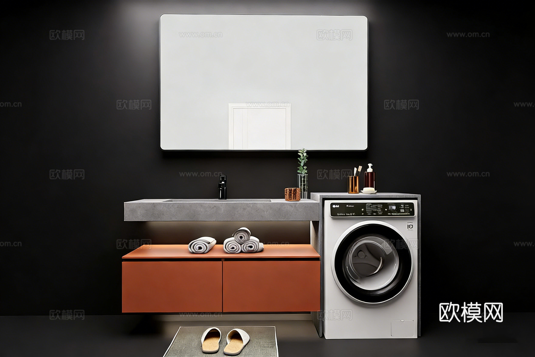 现代简约卫生间 橙色悬浮浴室柜 洗衣机收纳su模型