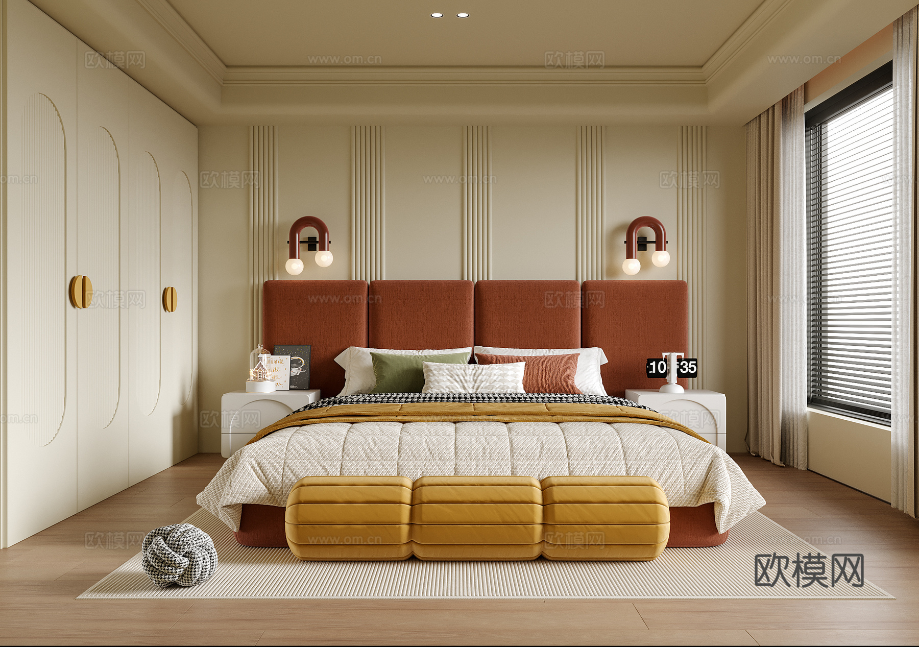 现代卧室 双人床 床尾凳su模型