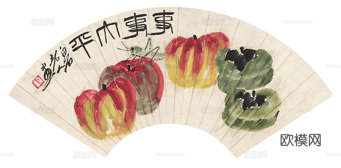 齐白石写意水墨画，近现代水墨画-1865-齐白石-事事平安扇