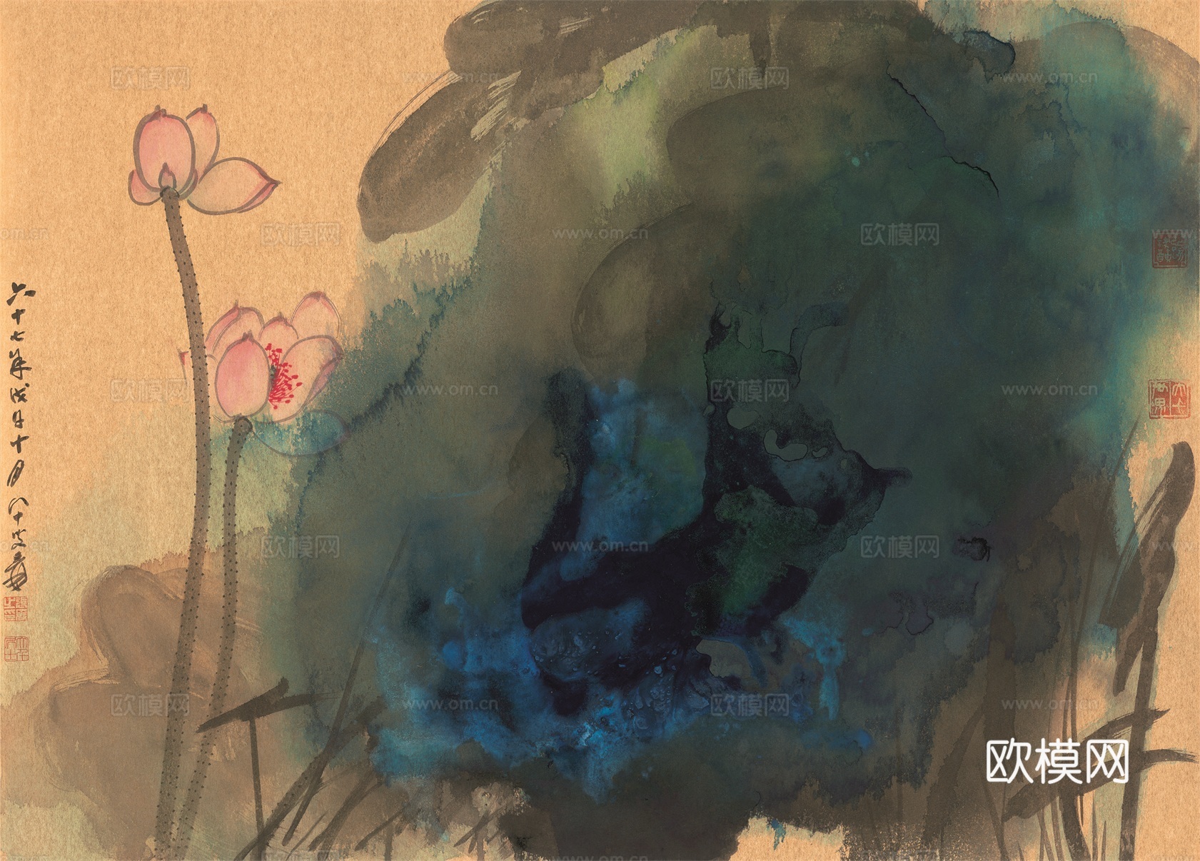 张大千绘画作品，中国近现代水墨画，写意水墨画荷花 (2)