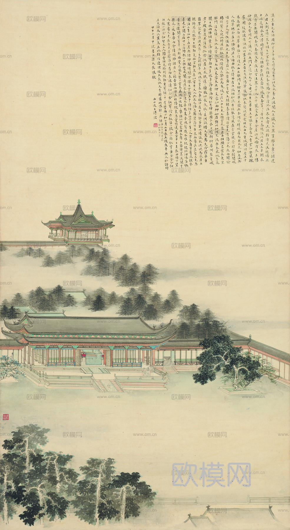 张大千绘画作品，中国近现代水墨画，写意水墨画长生殿纸本