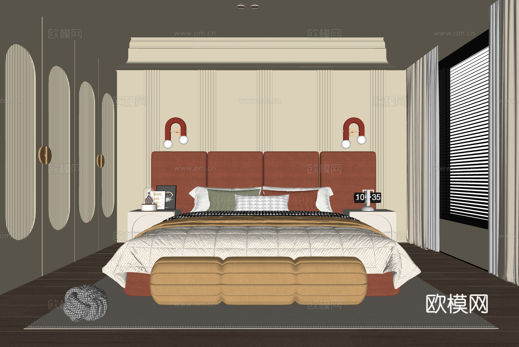 现代卧室 双人床 床尾凳su模型