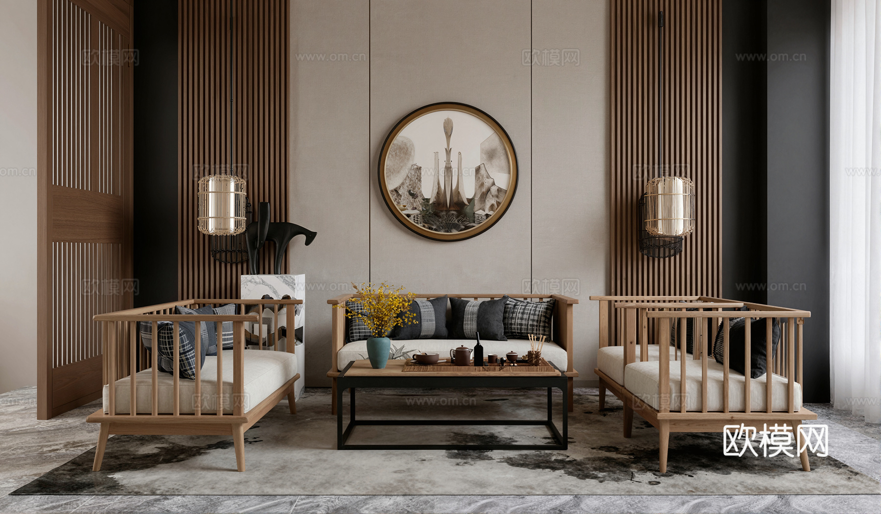 新中式组合沙发茶几茶具背景墙客厅su模型