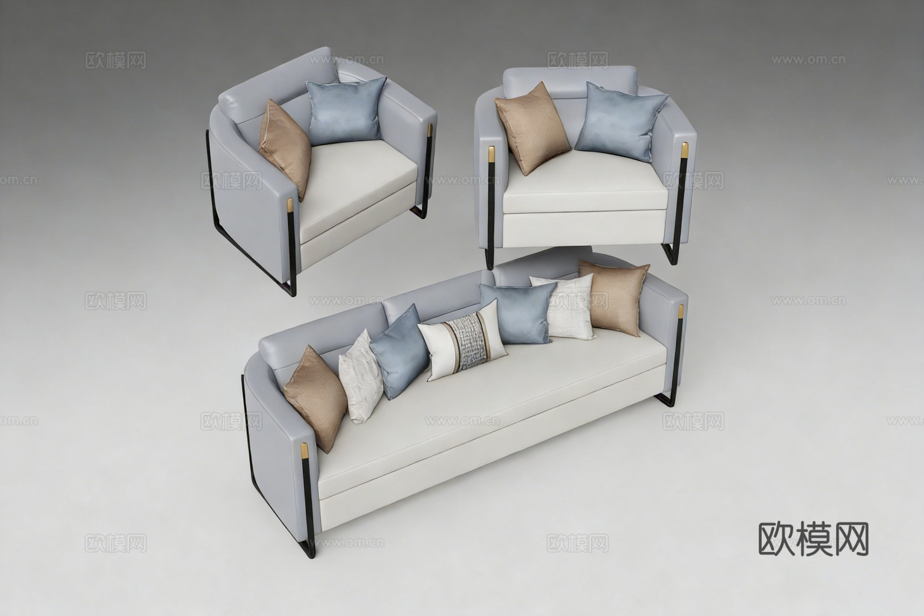 现代简约布艺沙发组合 三人位 休闲沙发 抱枕组 金属细腿su模型