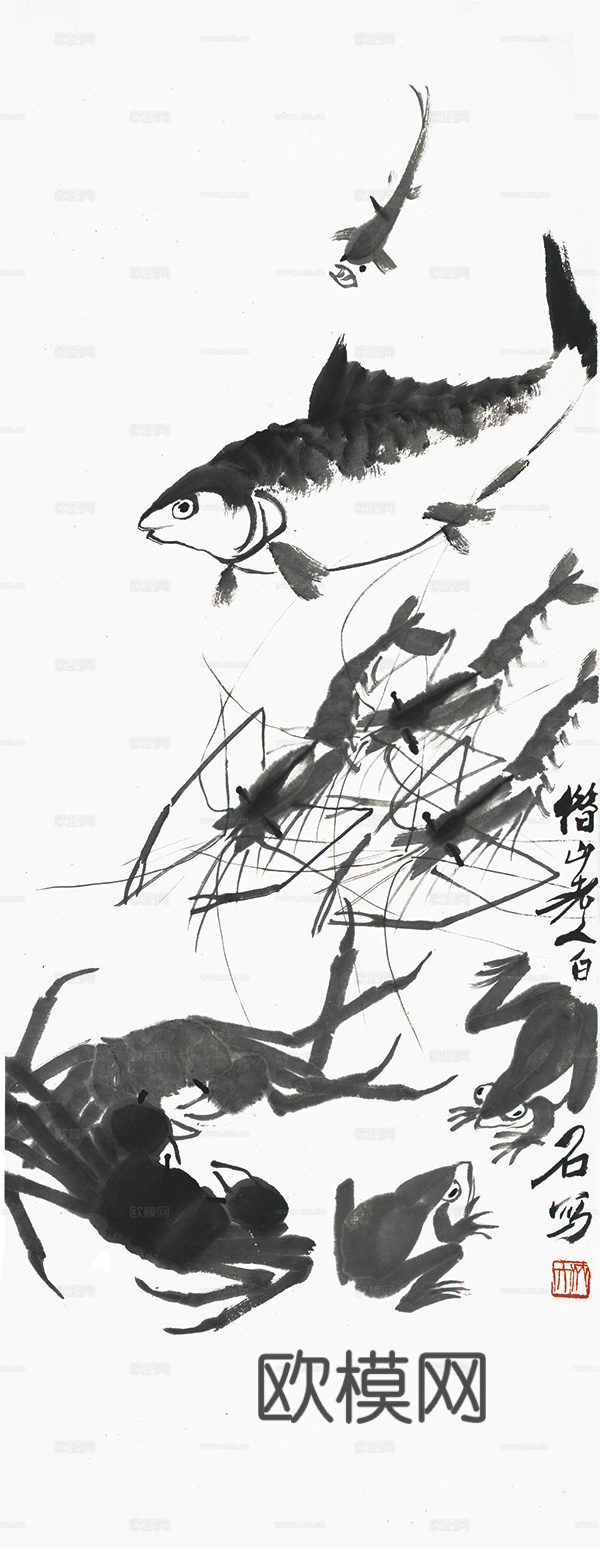 齐白石写意水墨画，近现代水墨画-鱼虾蟹蛙 修 37x96