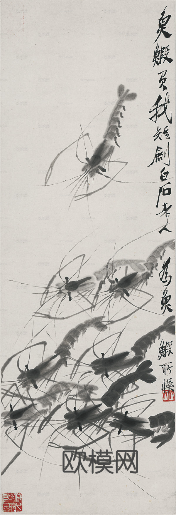 齐白石写意水墨画，近现代水墨画-群虾 修 35x103