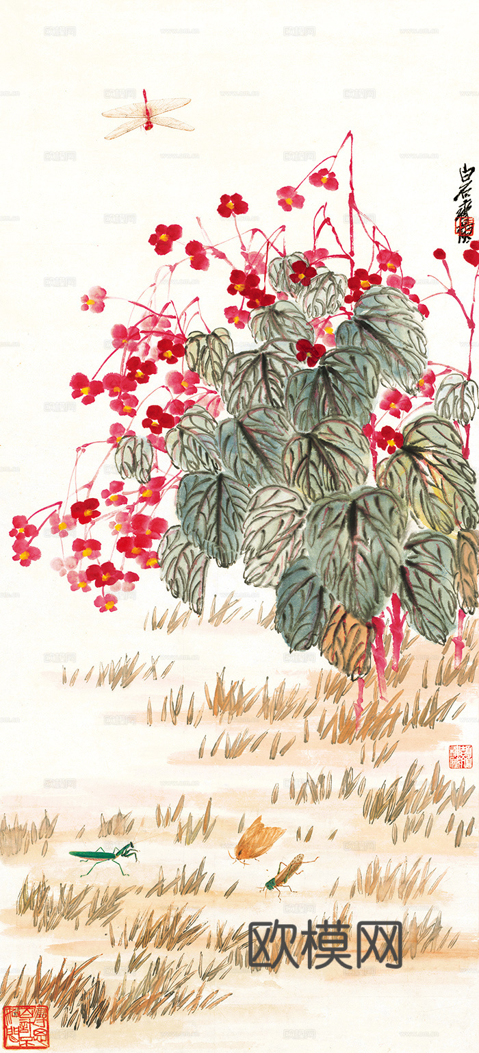 齐白石写意水墨画，近现代水墨画 海棠秋声 51x112