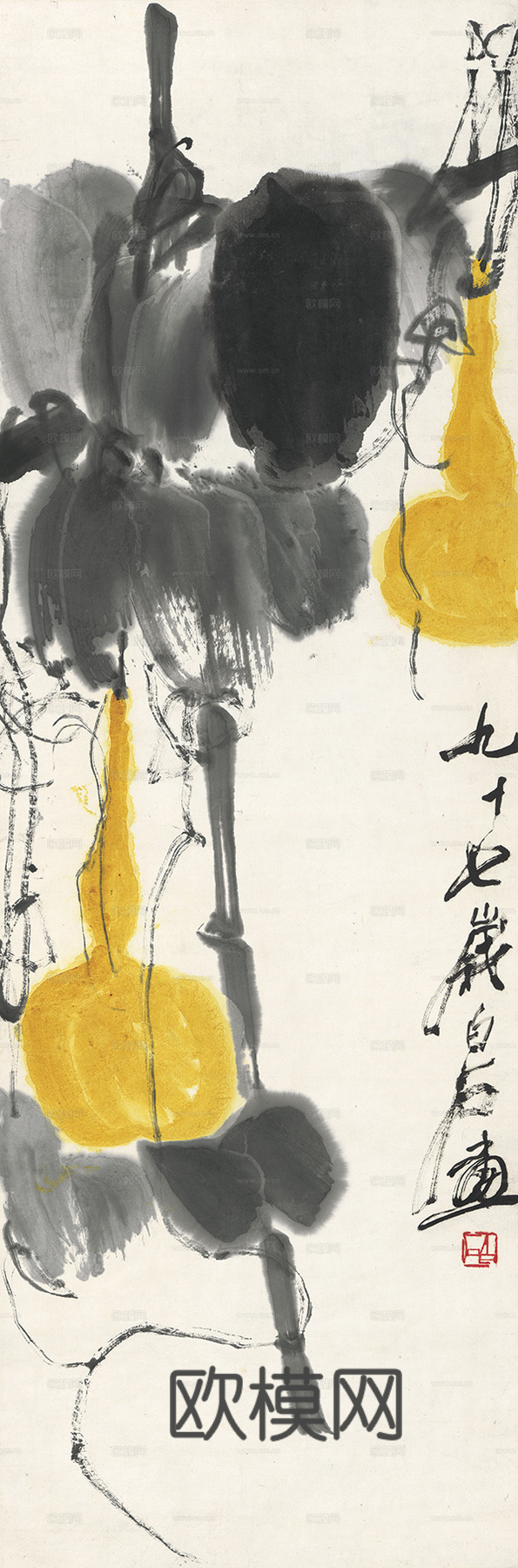 齐白石写意水墨画，近现代水墨画-福禄双全图 35x105