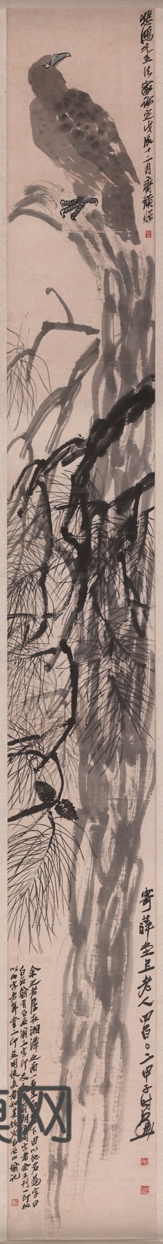 齐白石写意水墨画，近现代水墨画 枝头鹰 39x294