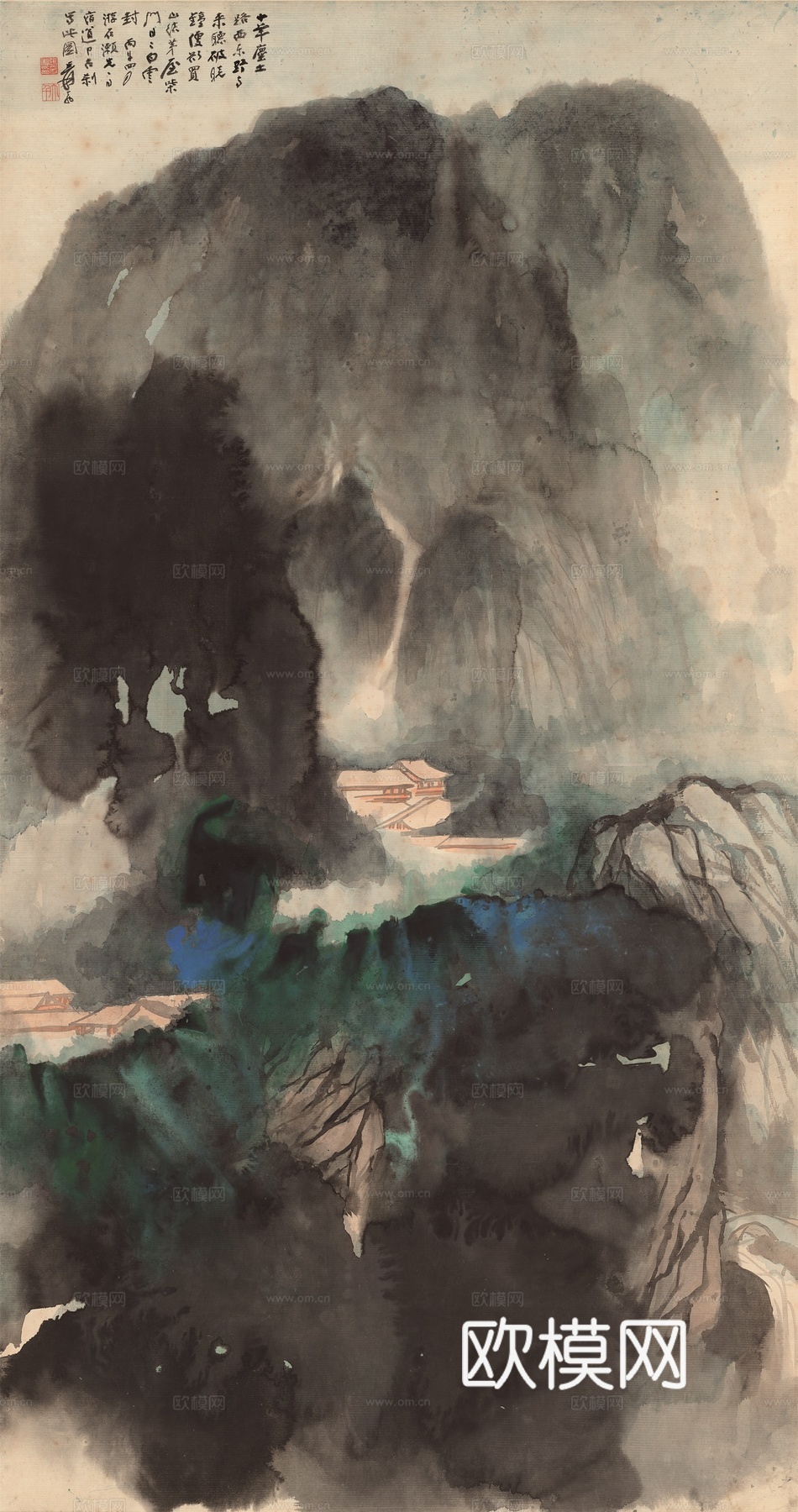 张大千绘画作品，中国近现代水墨画，写意水墨画－野寺晨钟 ＃