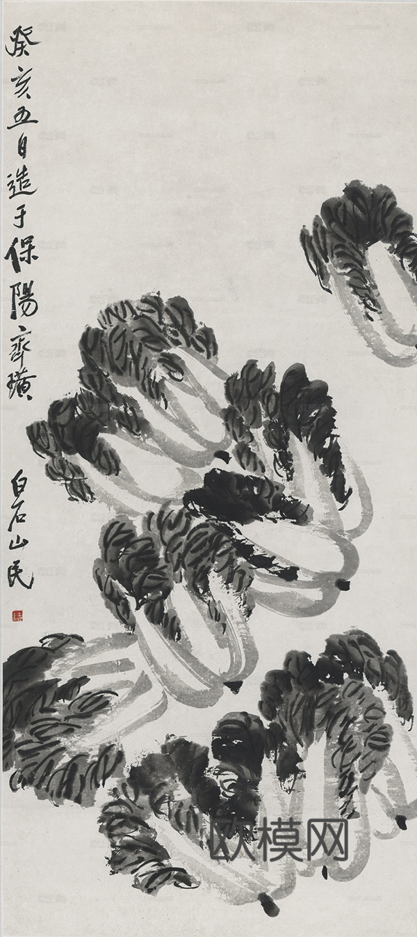 齐白石写意水墨画，近现代水墨画-白菜 57x127