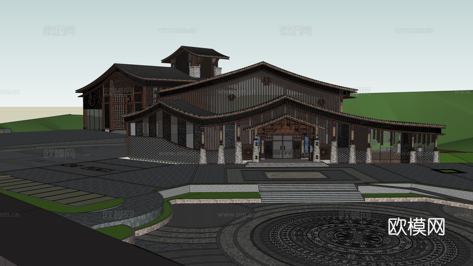 新中式游客中心  游客驿站建筑 游客接待中心su模型