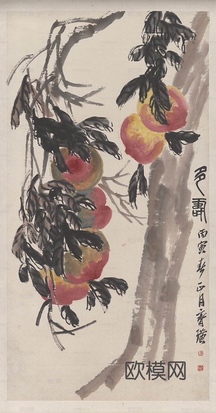 齐白石写意水墨画，近现代水墨画 多寿图