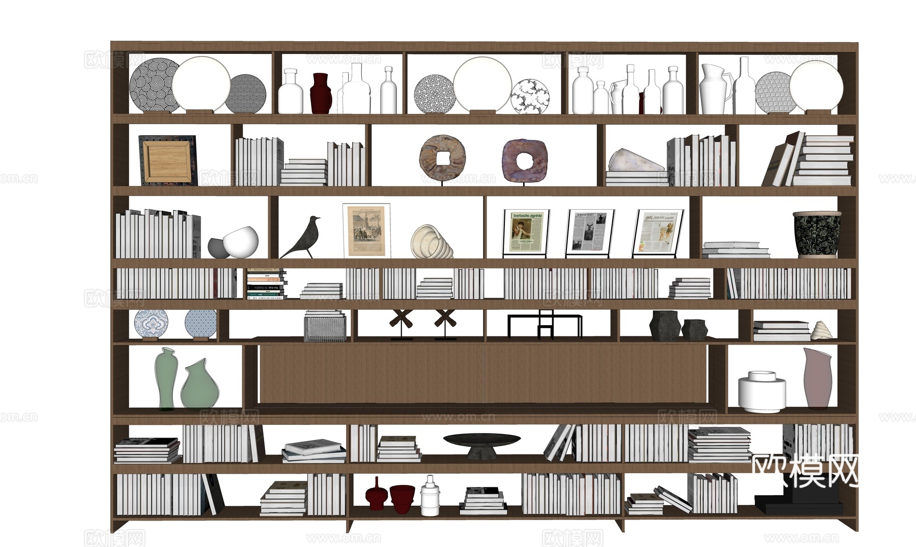 现代书架书籍摆件组合 相框 陶瓶书柜su模型