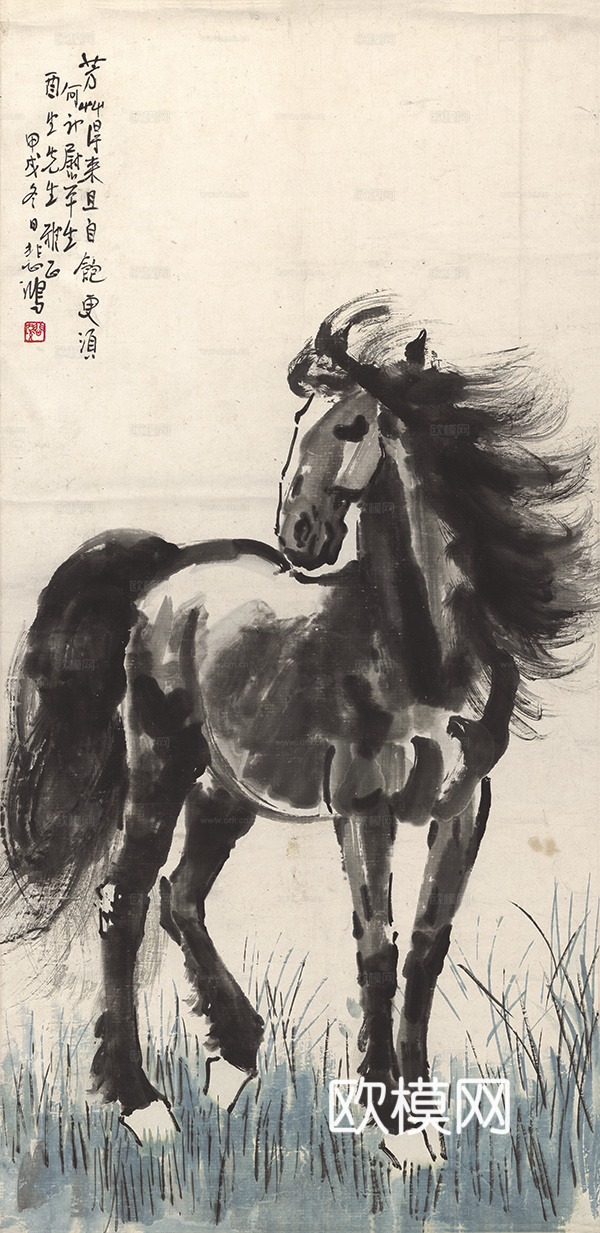 徐悲鸿水墨画，水墨花鸟动物画，近现代水墨画， 骏马静思65.