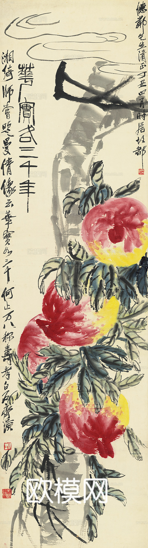 齐白石写意水墨画，近现代水墨画 德粼先生寿桃图 20x74