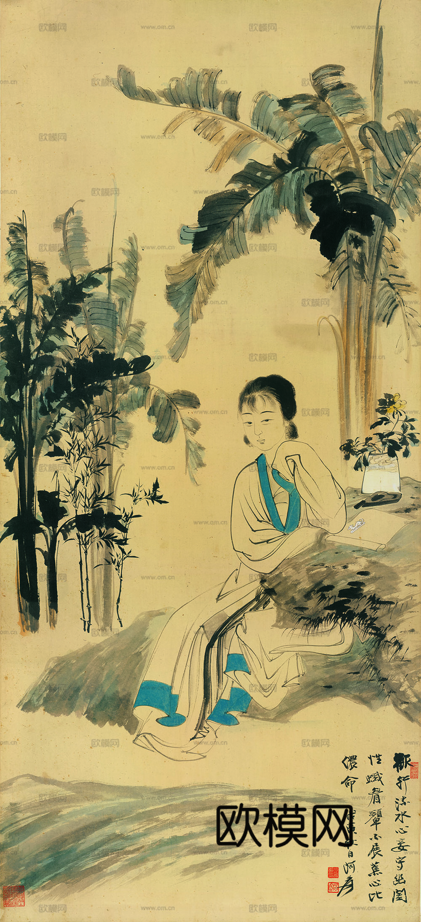 张大千绘画作品，中国近现代水墨画，写意水墨画芭蕉仕女