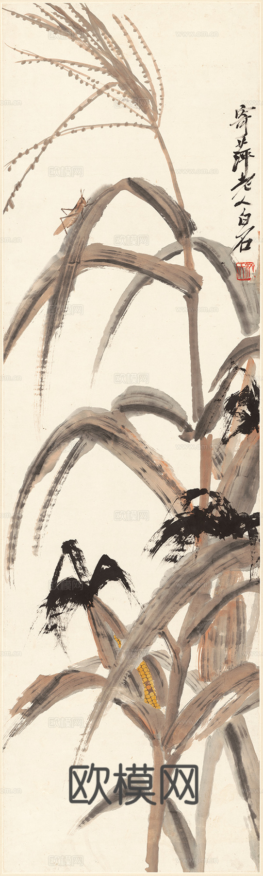 齐白石写意水墨画，近现代水墨画-玉米蚱蜢 33x110