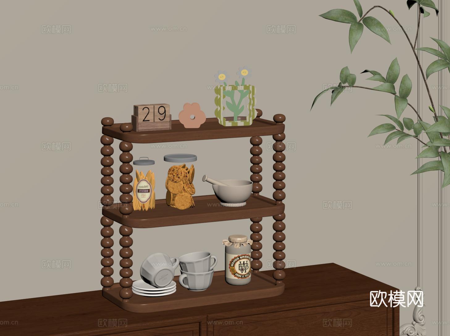 复古置物架 收纳架 法式装饰架 三层展示架 杯架su模型