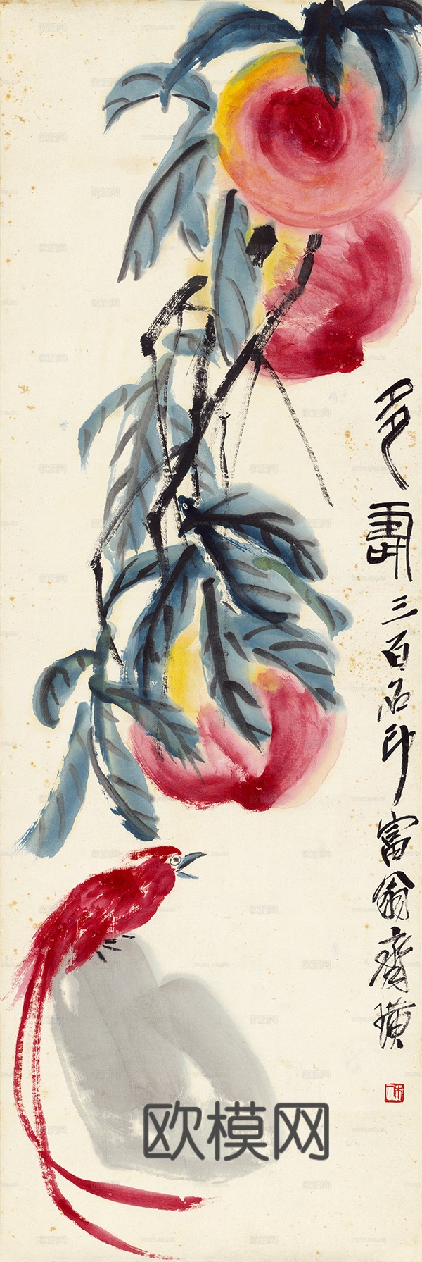 齐白石写意水墨画，近现代水墨画 多寿图--2 20x60