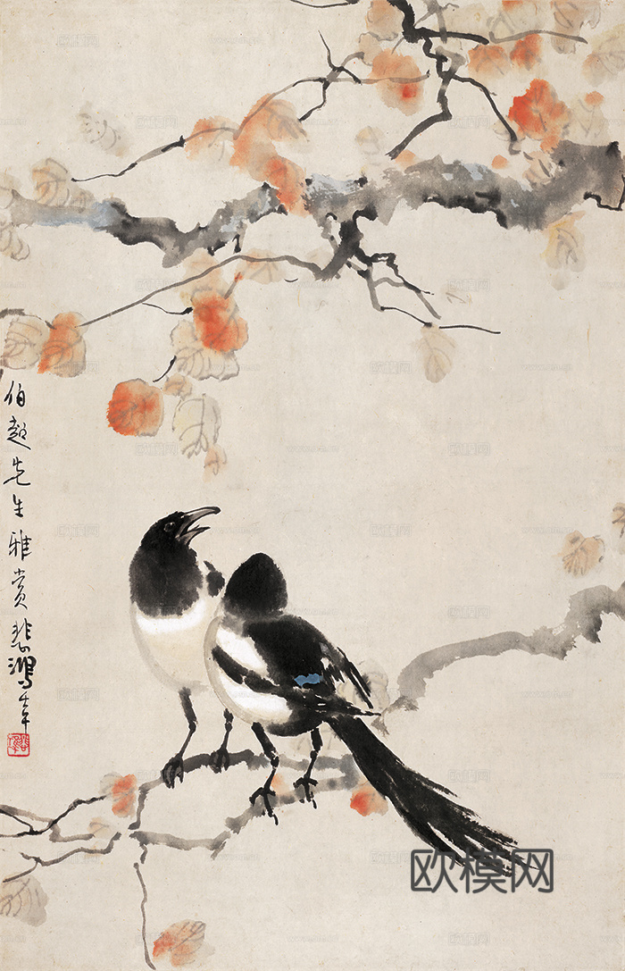 徐悲鸿水墨画，水墨花鸟动物画，近现代水墨画， 双喜轴 纸本3