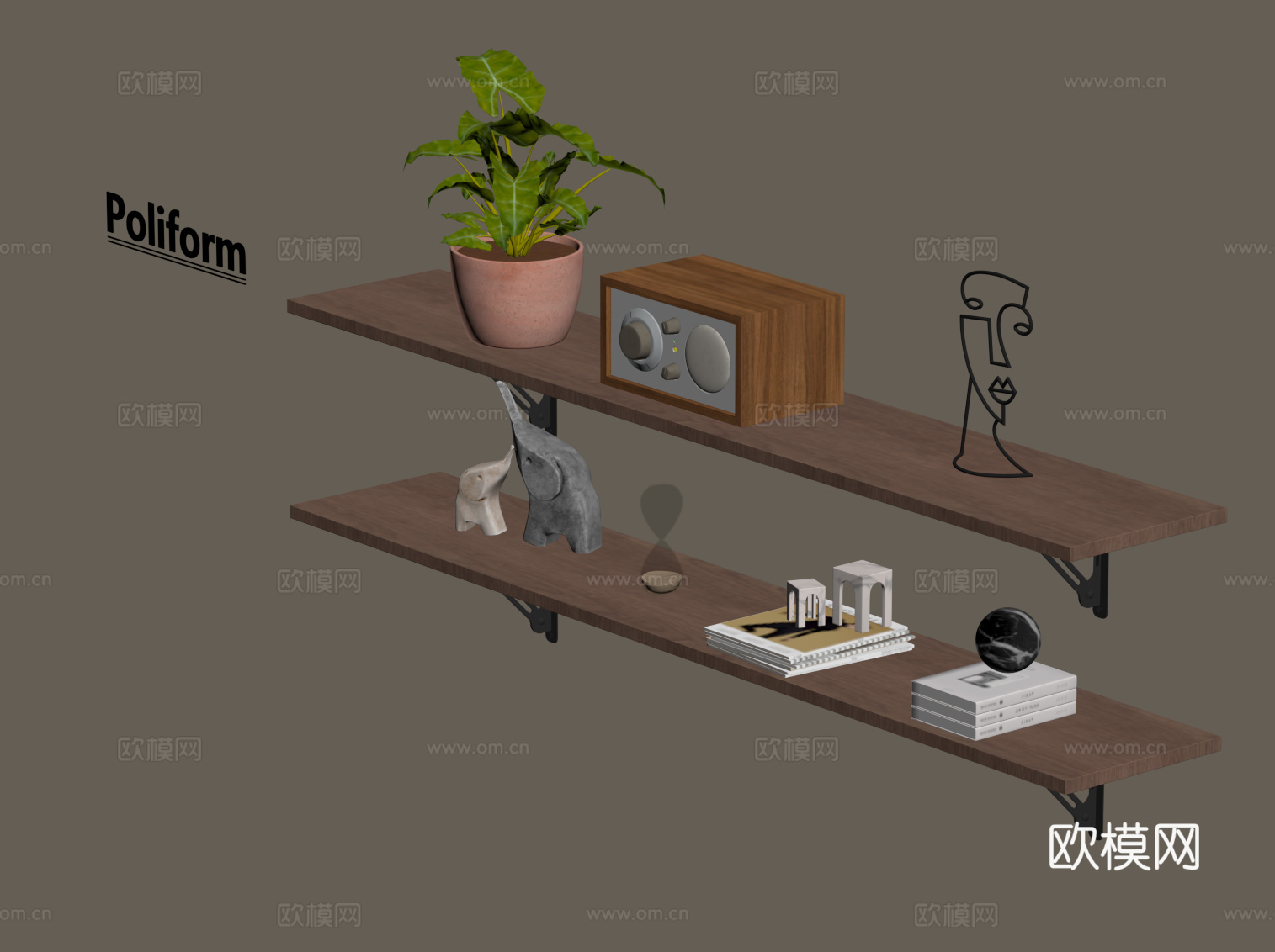 现代中古风置物架 书架su模型