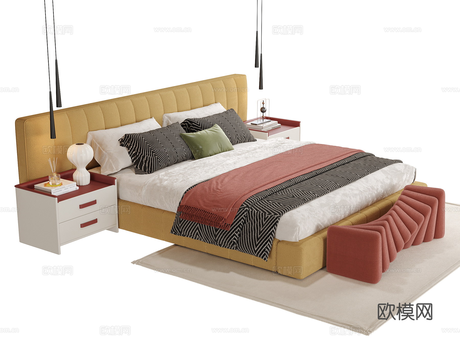 现代双人床 床头柜 床尾凳su模型
