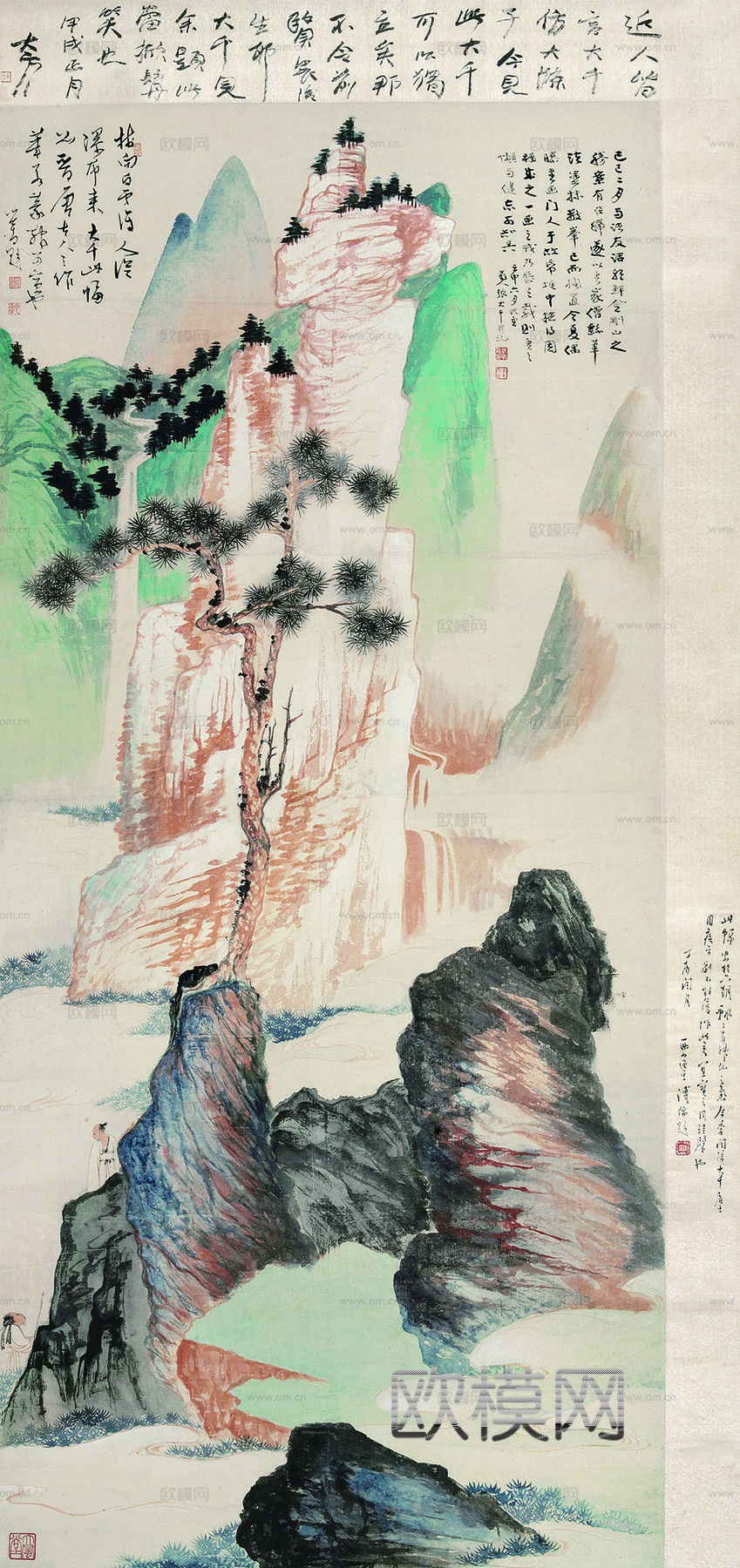 张大千绘画作品，中国近现代水墨画，写意水墨画青绿山水