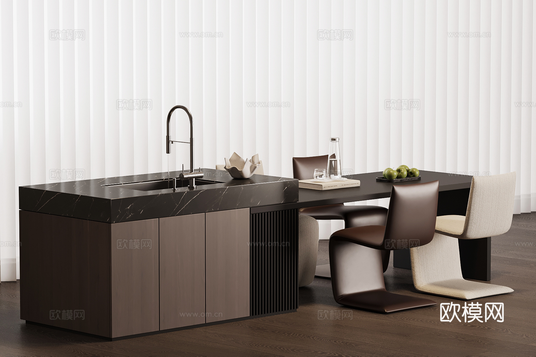 现代意式岛台 餐桌椅su模型