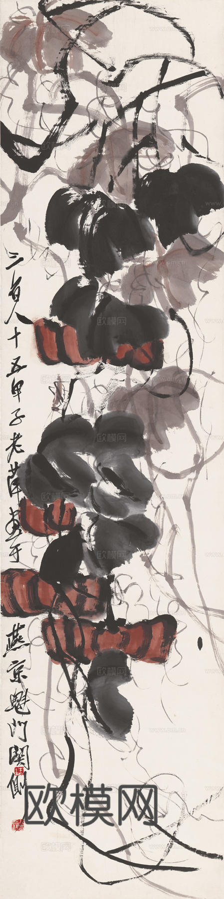 齐白石写意水墨画，近现代水墨画 设色瓜轴-OK 34X135