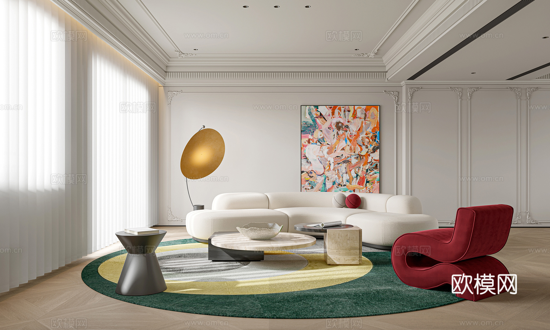 法式现代客餐厅3d模型下载（渲染图2）