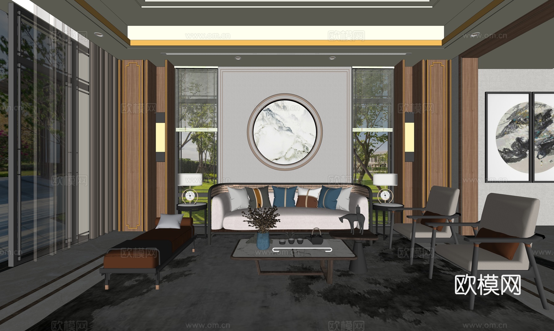 新中式客厅多人组合沙发单人沙发茶几窗户su模型su模型