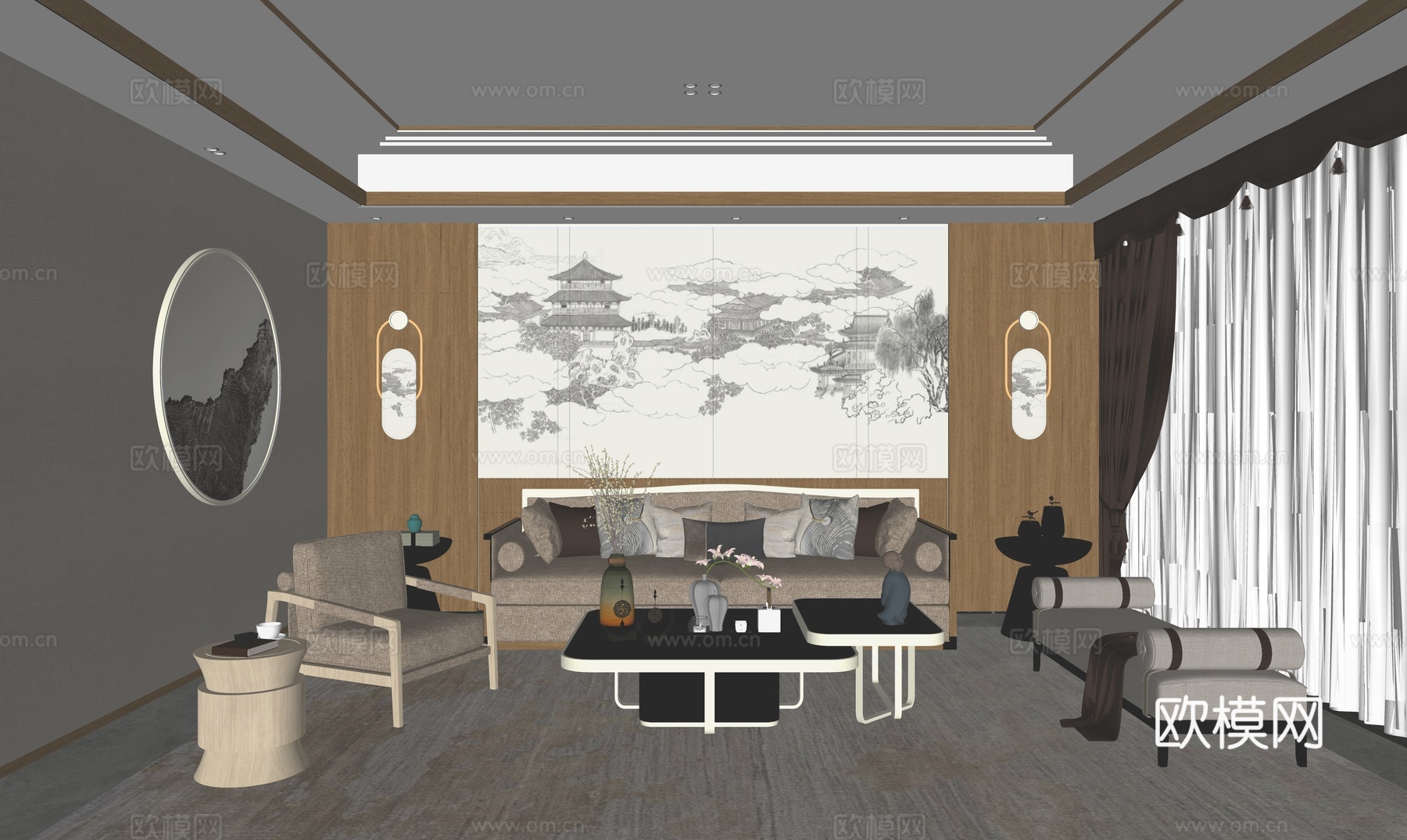 新中式客厅沙发茶几组合su模型