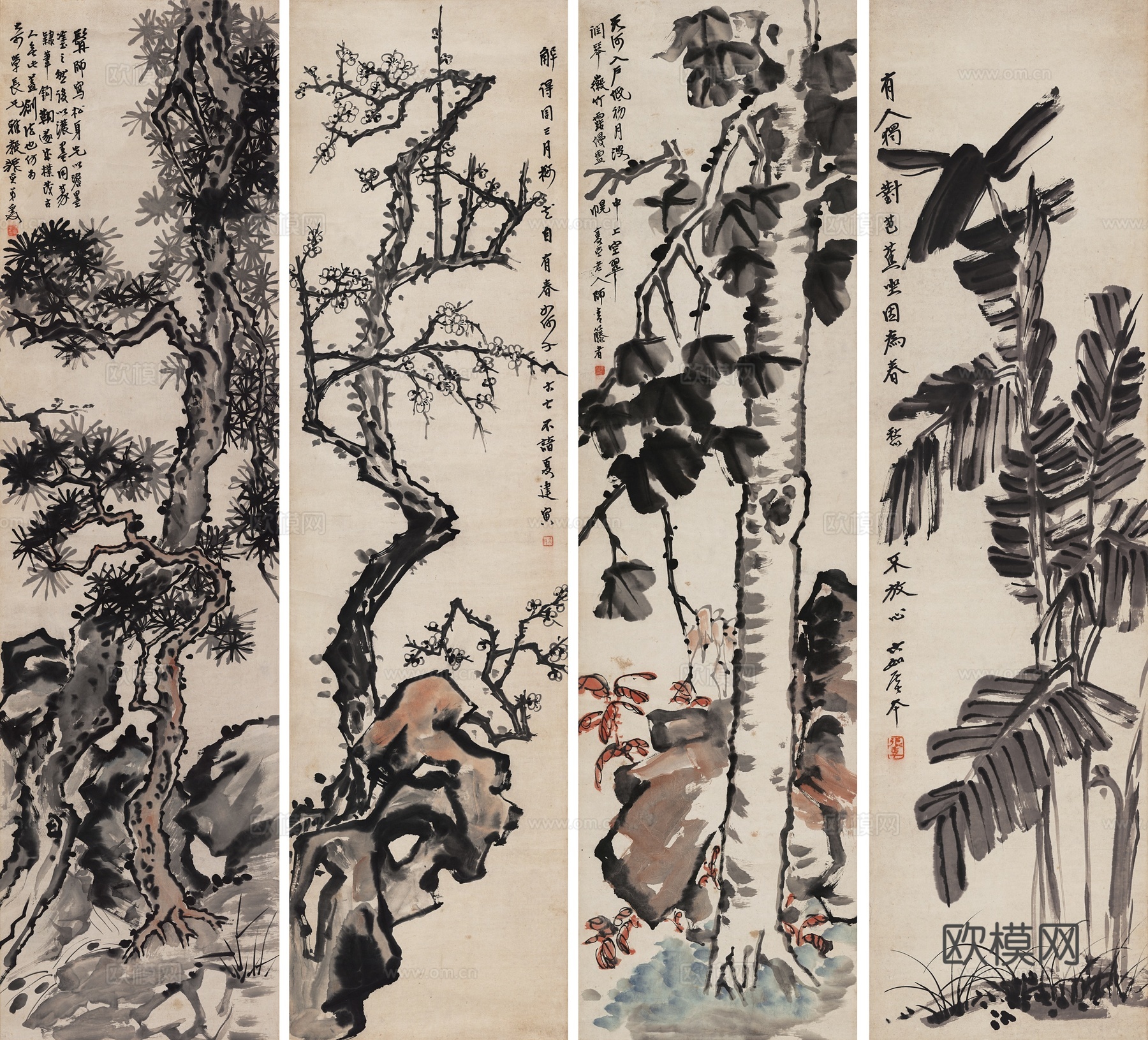 张大千绘画作品，中国近现代水墨画，写意水墨画松桐蕉梅