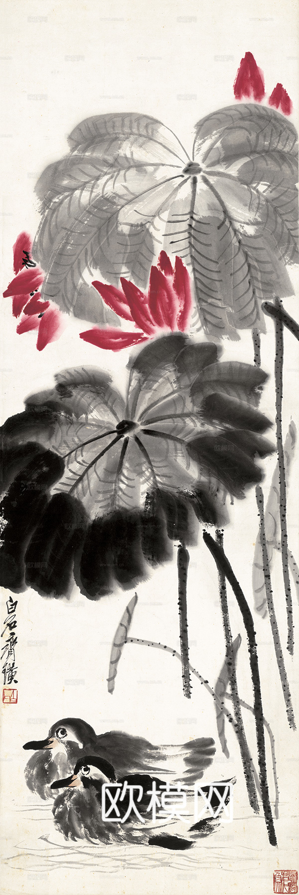 齐白石写意水墨画，近现代水墨画 荷花鸳鸯-143x48 副本