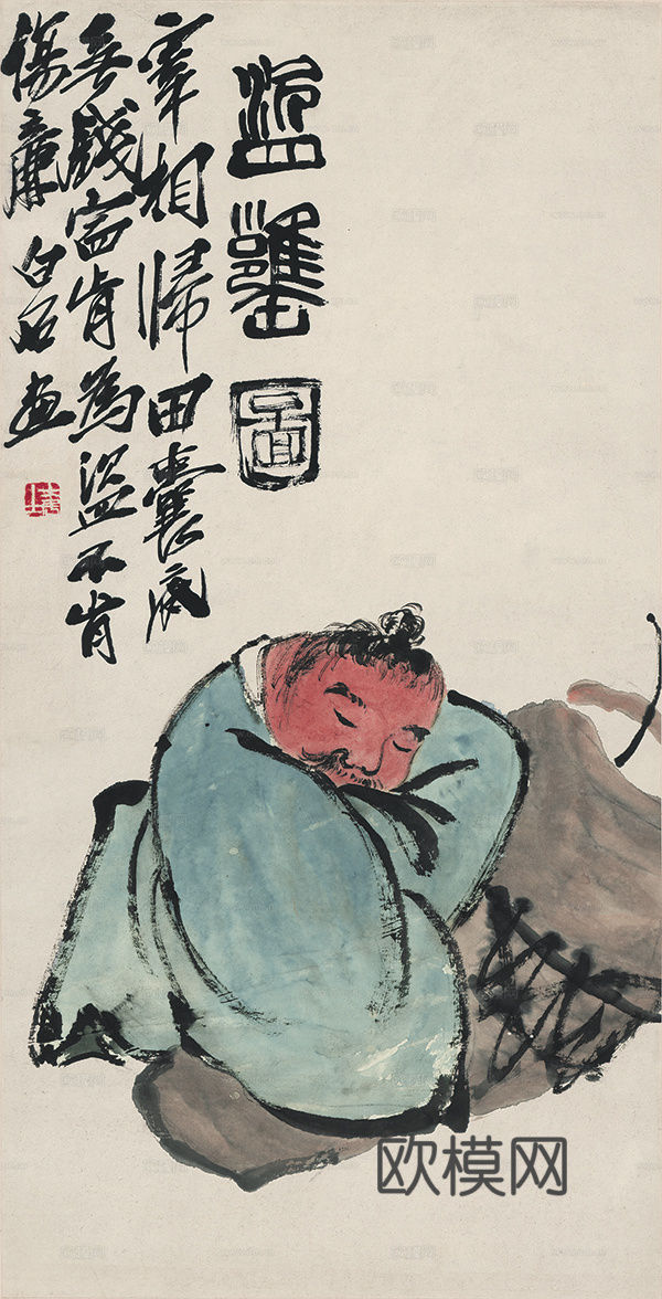 齐白石写意水墨画，近现代水墨画-盗磬图 34x67