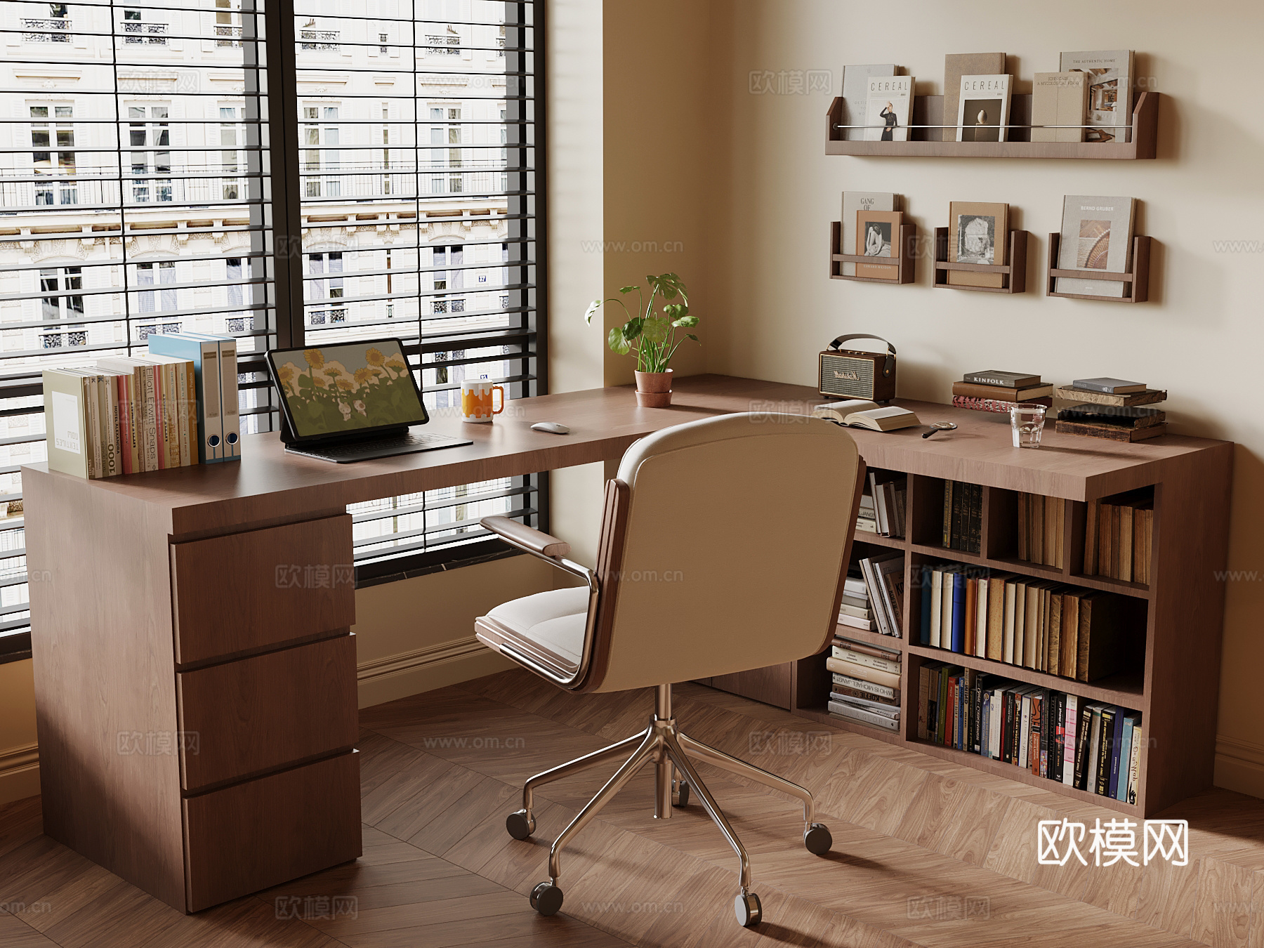 中古风书桌椅 书柜3d模型下载
