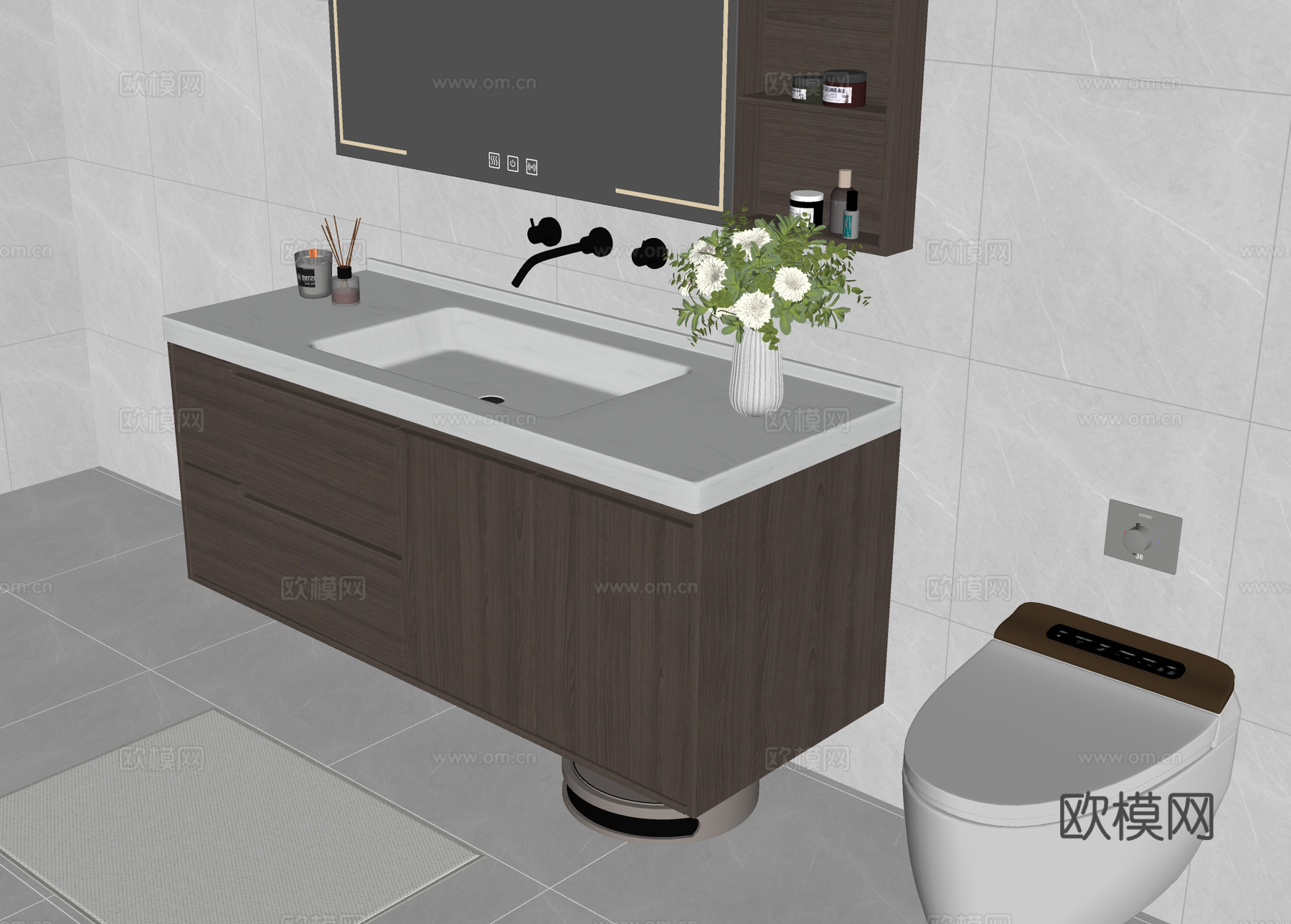 中古风浴室柜 台盆 洗手台su模型