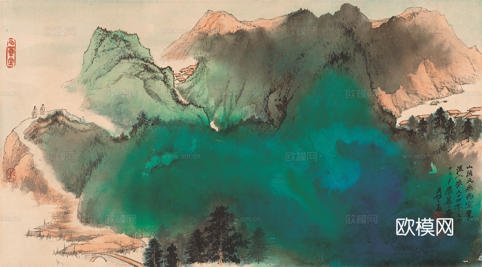 张大千绘画作品，中国近现代水墨画，写意水墨画山路空翠