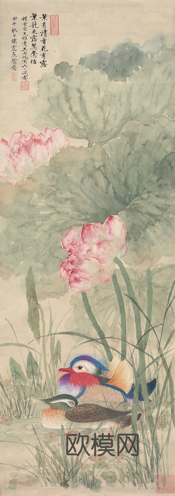 齐白石写意水墨画，近现代水墨画 荷花鸳鸯 33x92