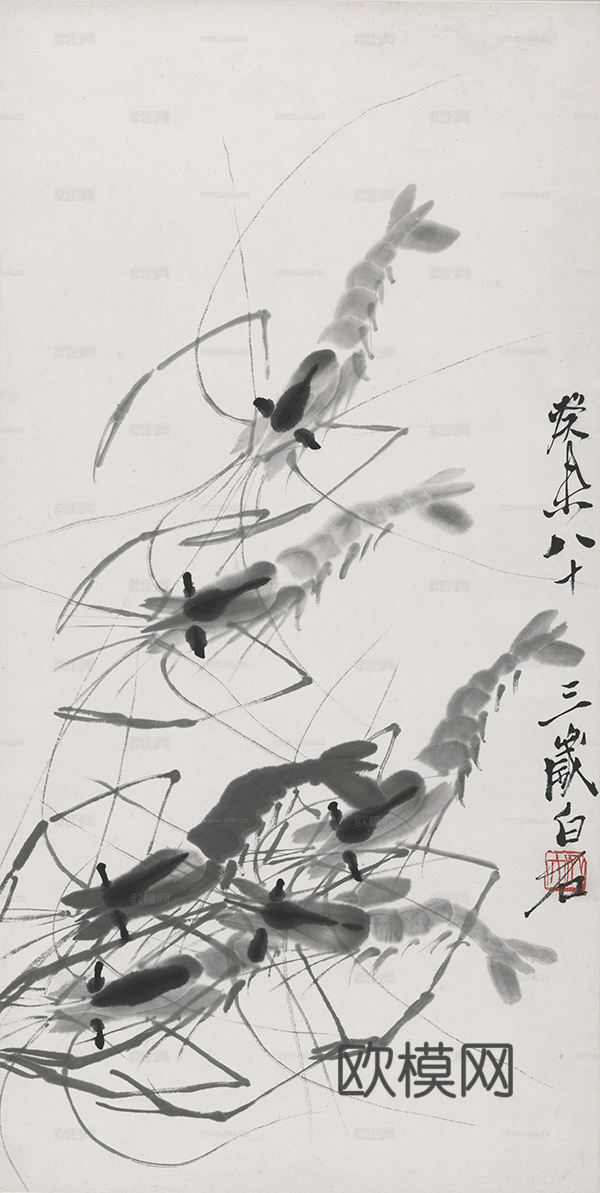 齐白石写意水墨画，近现代水墨画-六虾图 34x67