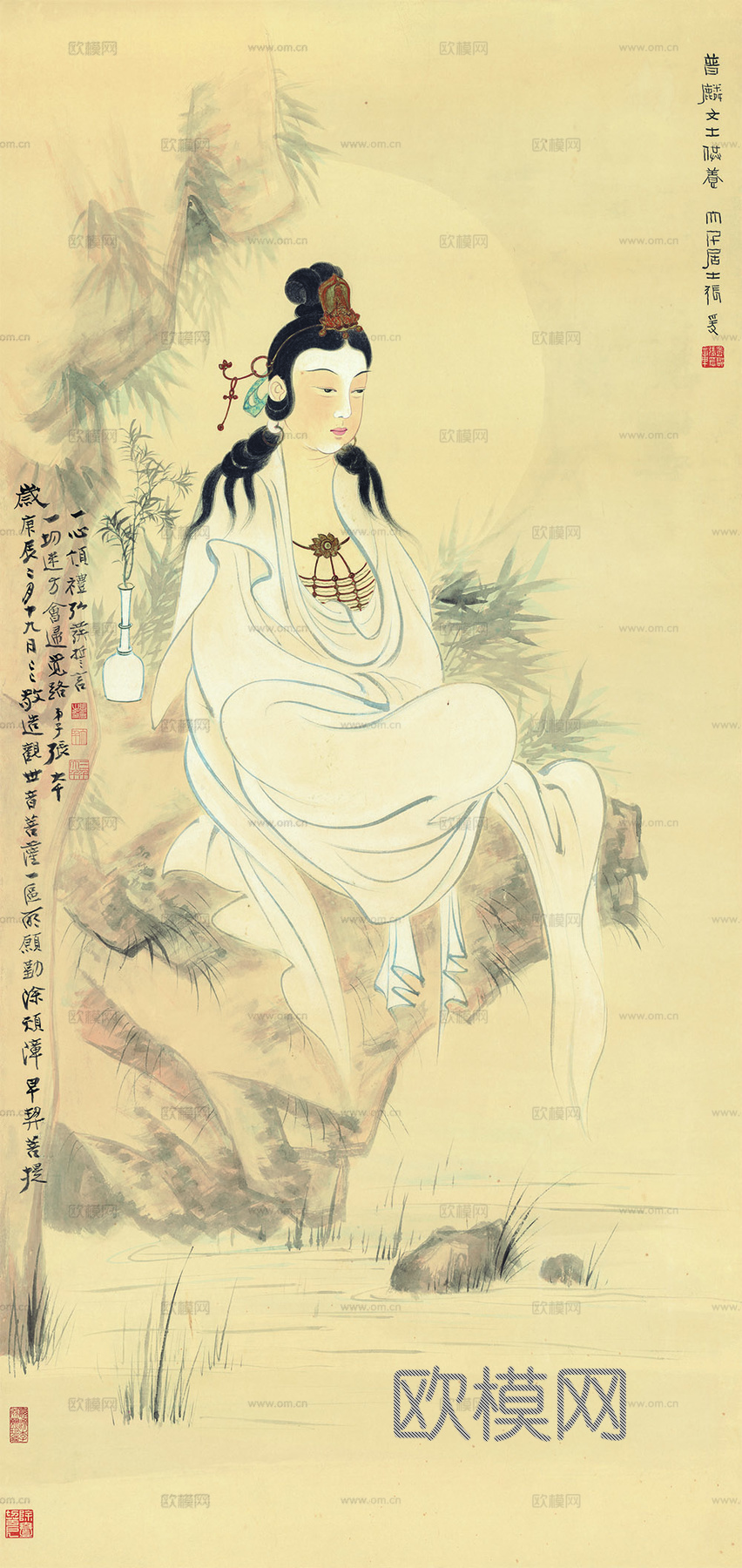 张大千绘画作品，中国近现代水墨画，写意水墨画观音造像纸本 副