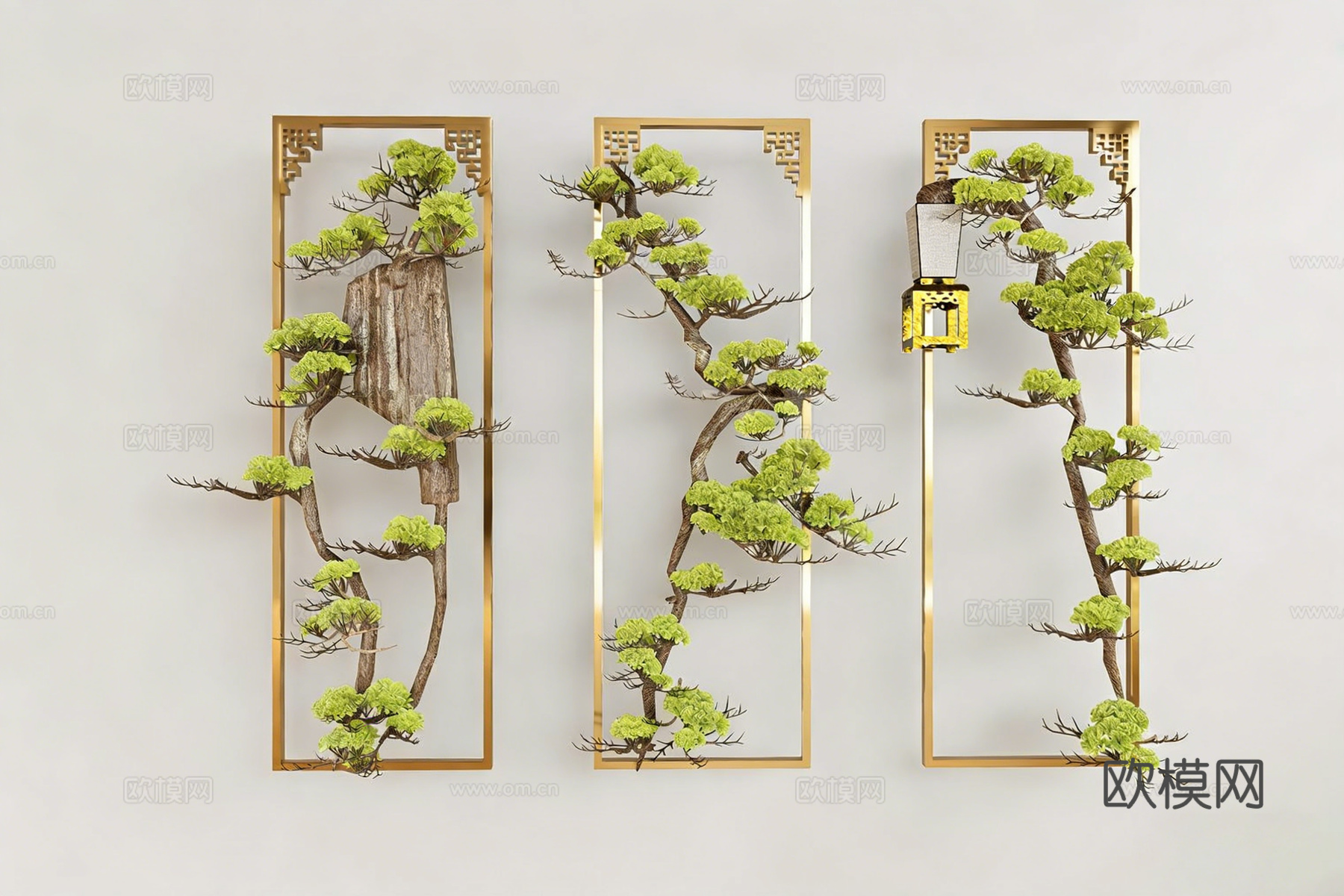 新中式禅意装饰画 金色金属画框 松树盆景 原创墙面艺术品su模型