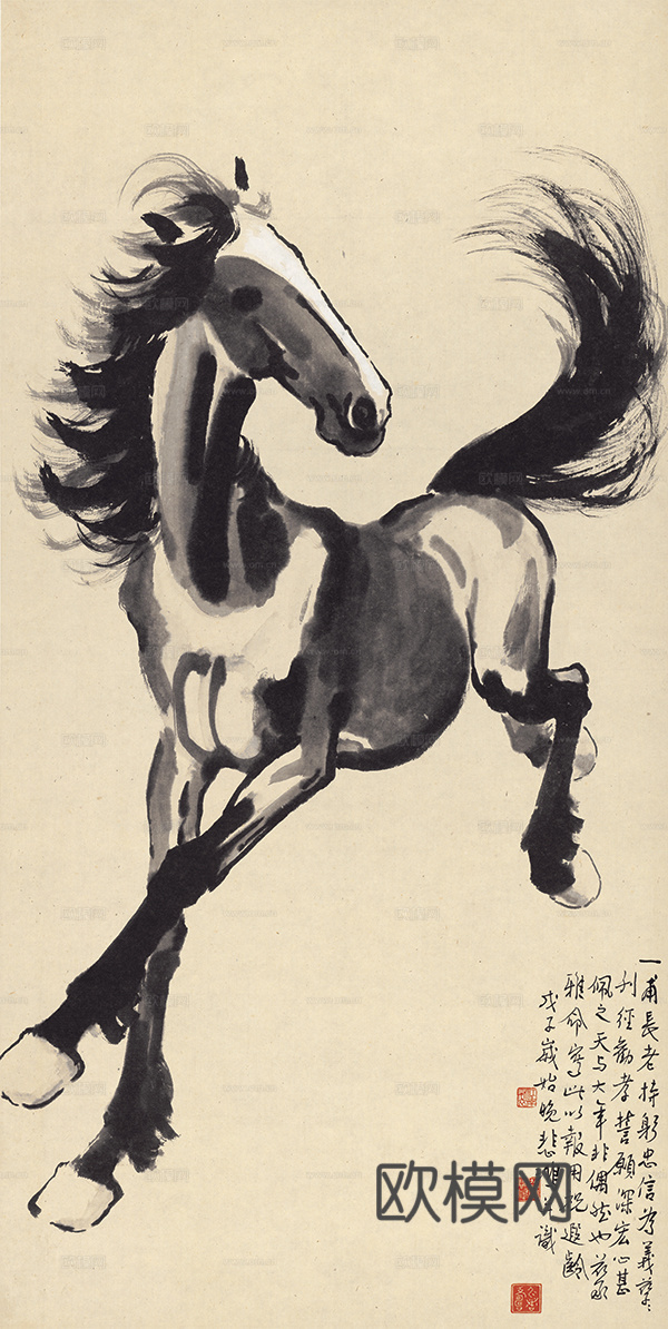 徐悲鸿水墨画，水墨花鸟动物画，近现代水墨画， 奔马回眸图 3