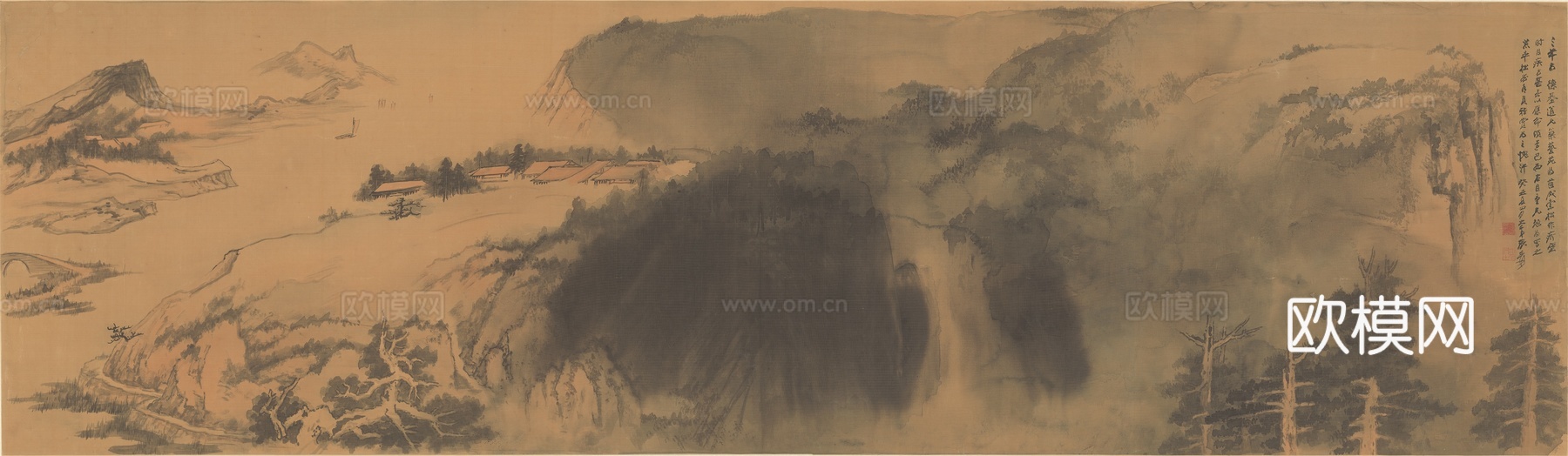 张大千绘画作品，中国近现代水墨画，写意水墨画云山依水图绢